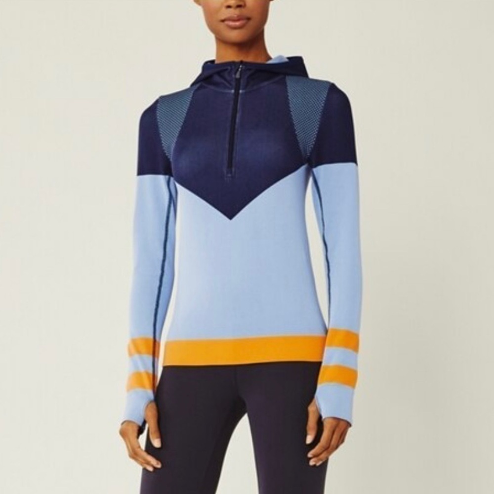 Tory Burch Light Blue Navy and Orange Colorblock Hooded Pullover